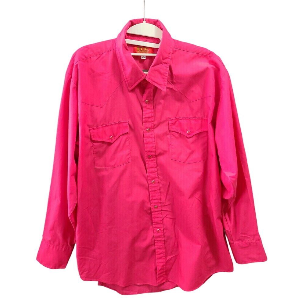 Ely Plains Mens Button Up Shirt Pink Size 34-35 Polyester Blend Pearl Snap